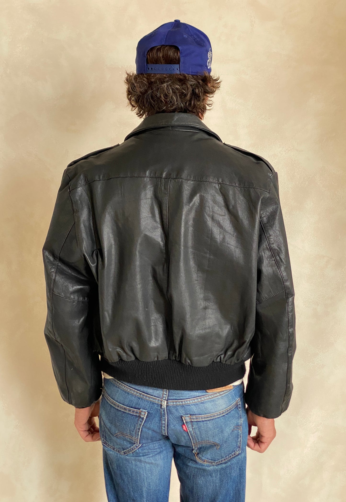 Vintage black leather bomber flight jacket aviator size XL made in USA AJ357 Studio