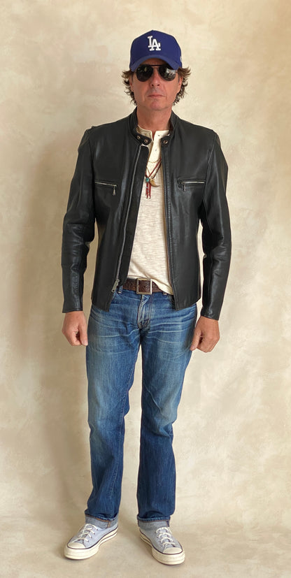 Size 40 US/ 50 Euro. Vintage 70s black cafe racer leather jacket with talon zipper-AJ357 Studio