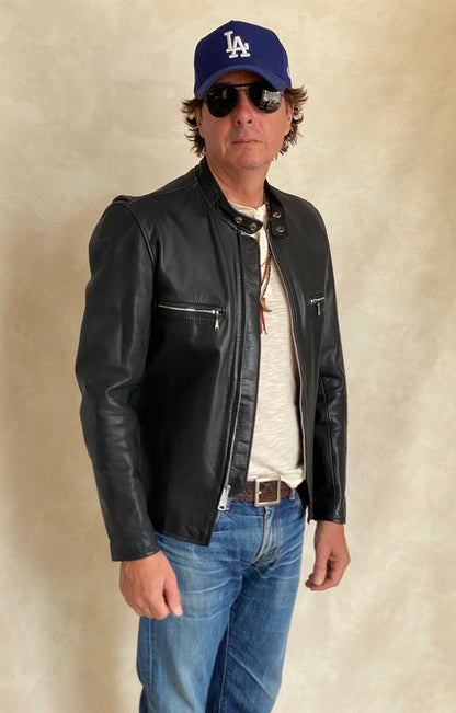 Size 40 US/ 50 Euro. Vintage 70s black cafe racer leather jacket with talon zipper-AJ357 Studio