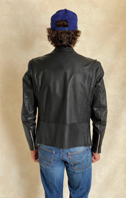 Size 40 US/ 50 Euro. Vintage 70s black cafe racer leather jacket with talon zipper-AJ357 Studio