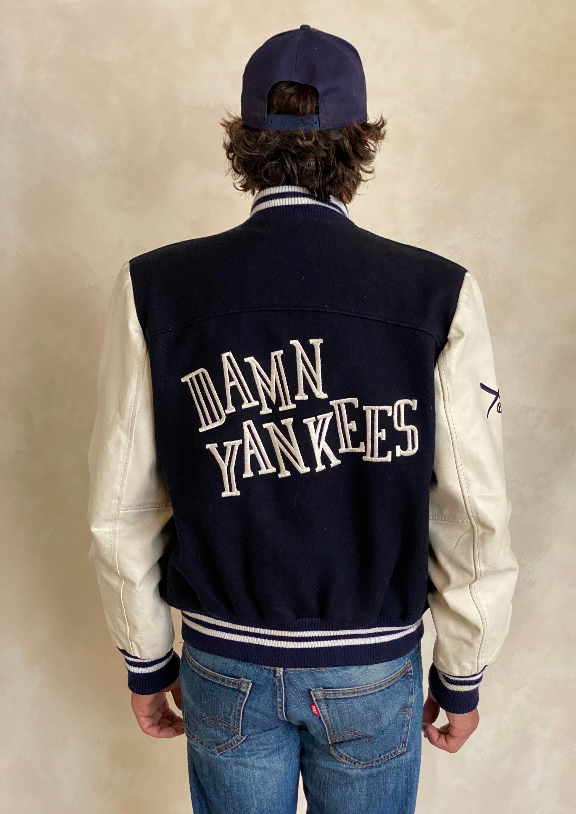 vintage varsity jacket made in canada size medium black wool white leather aj357 studio