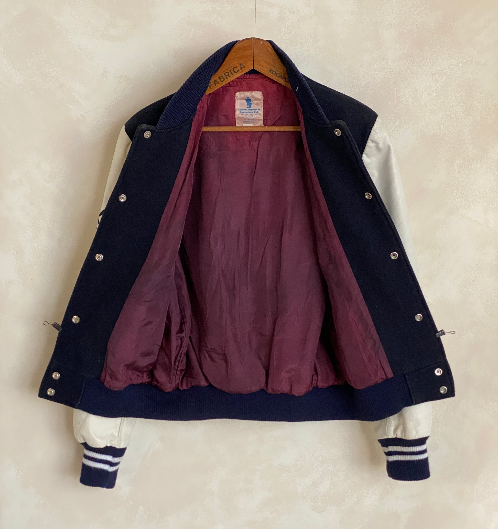 vintage varsity jacket made in canada size medium black wool white leather aj357 studio