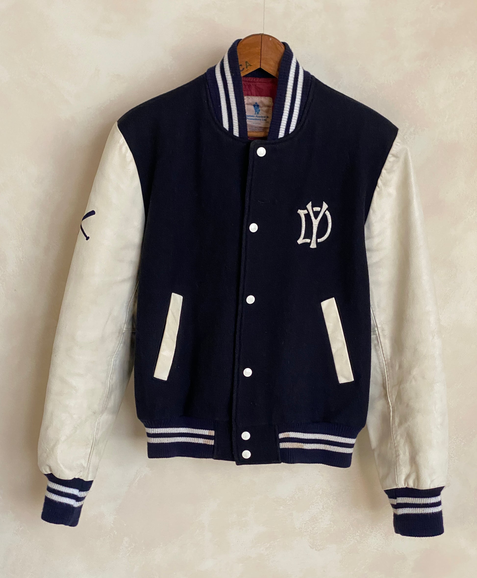 vintage varsity jacket made in canada size medium black wool white leather aj357 studio