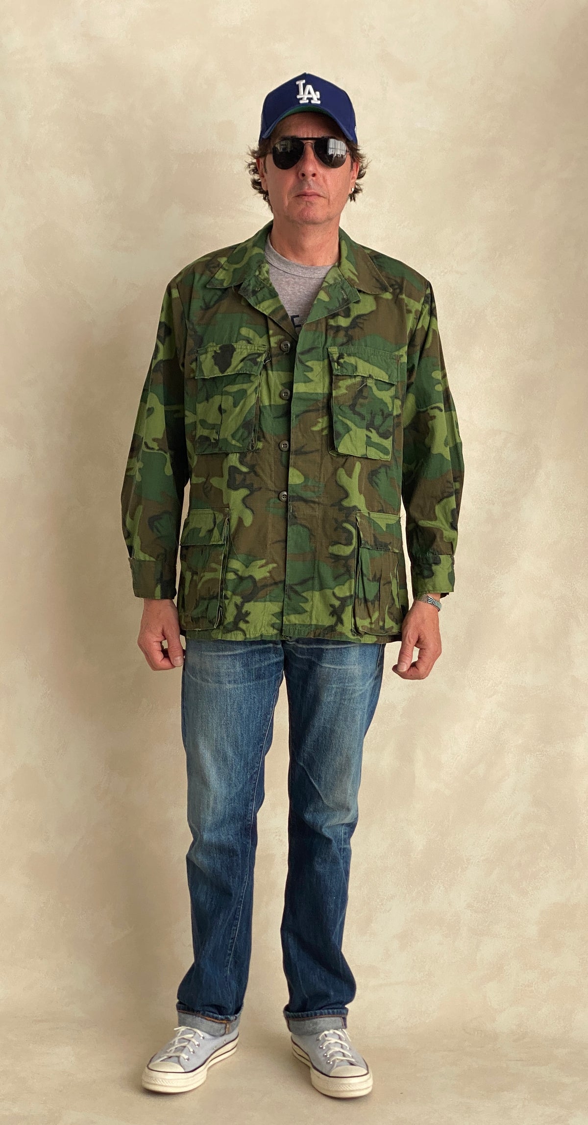 Med Short. Authentic 1977 US Army vintage Erld camouflage jungle jacket.-AJ357 Studio