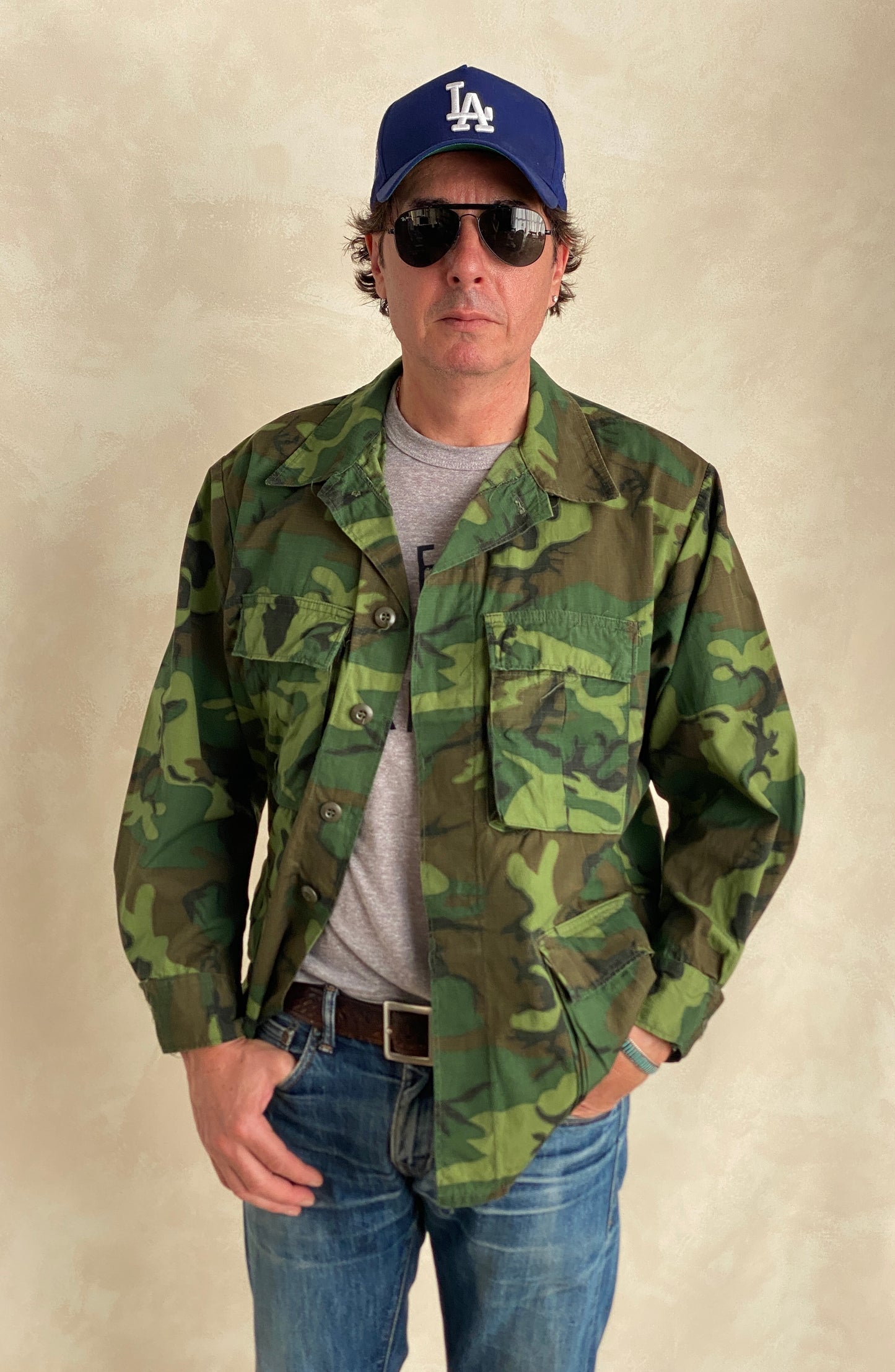 Med Short. Authentic 1977 US Army vintage camouflage  jungle jacket.