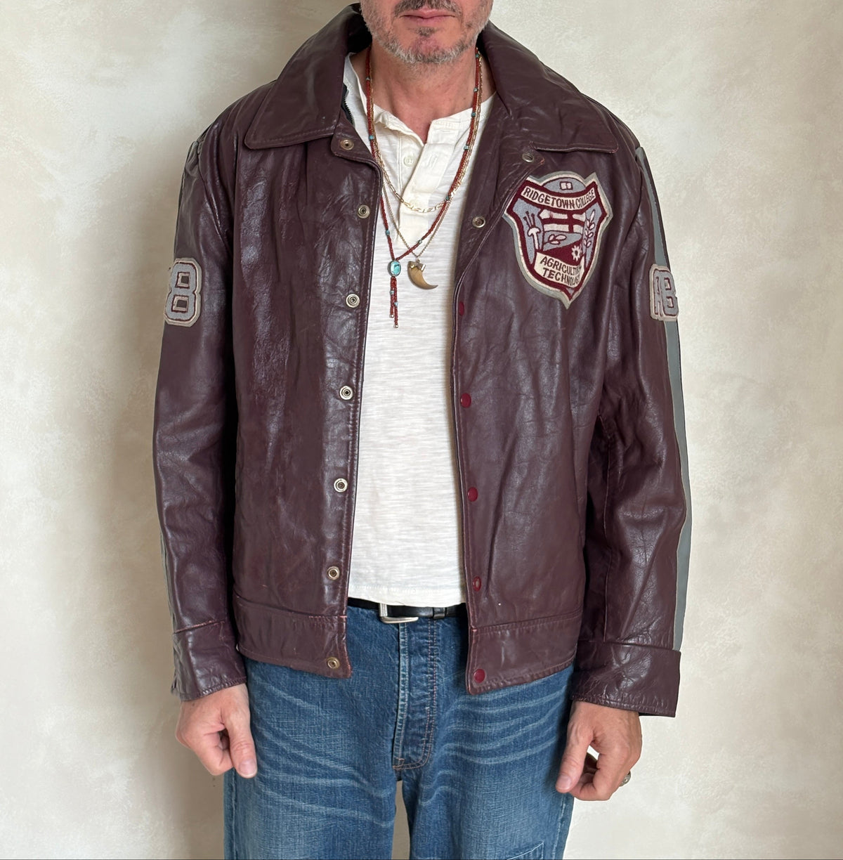 Size XL. Vintage 90s Varsity Leather Jacket – Canadian Made – College Style – Soft Leather –-AJ357 Studio
