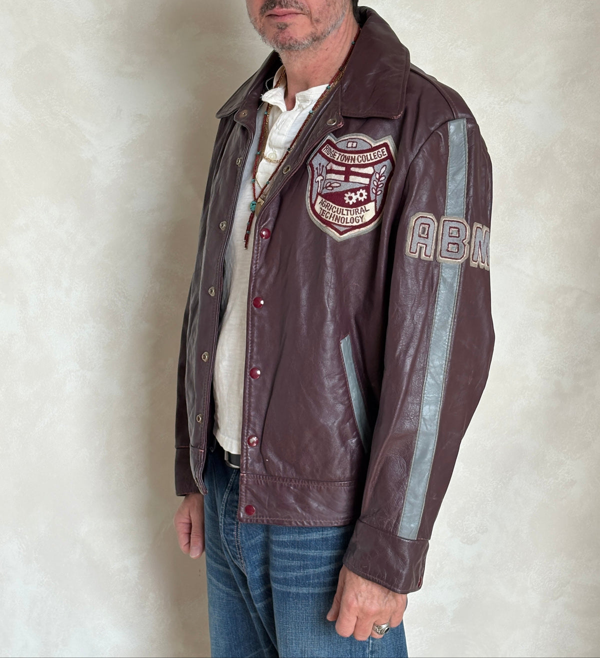 Size XL. Vintage 90s Varsity Leather Jacket – Canadian Made – College Style – Soft Leather –-AJ357 Studio