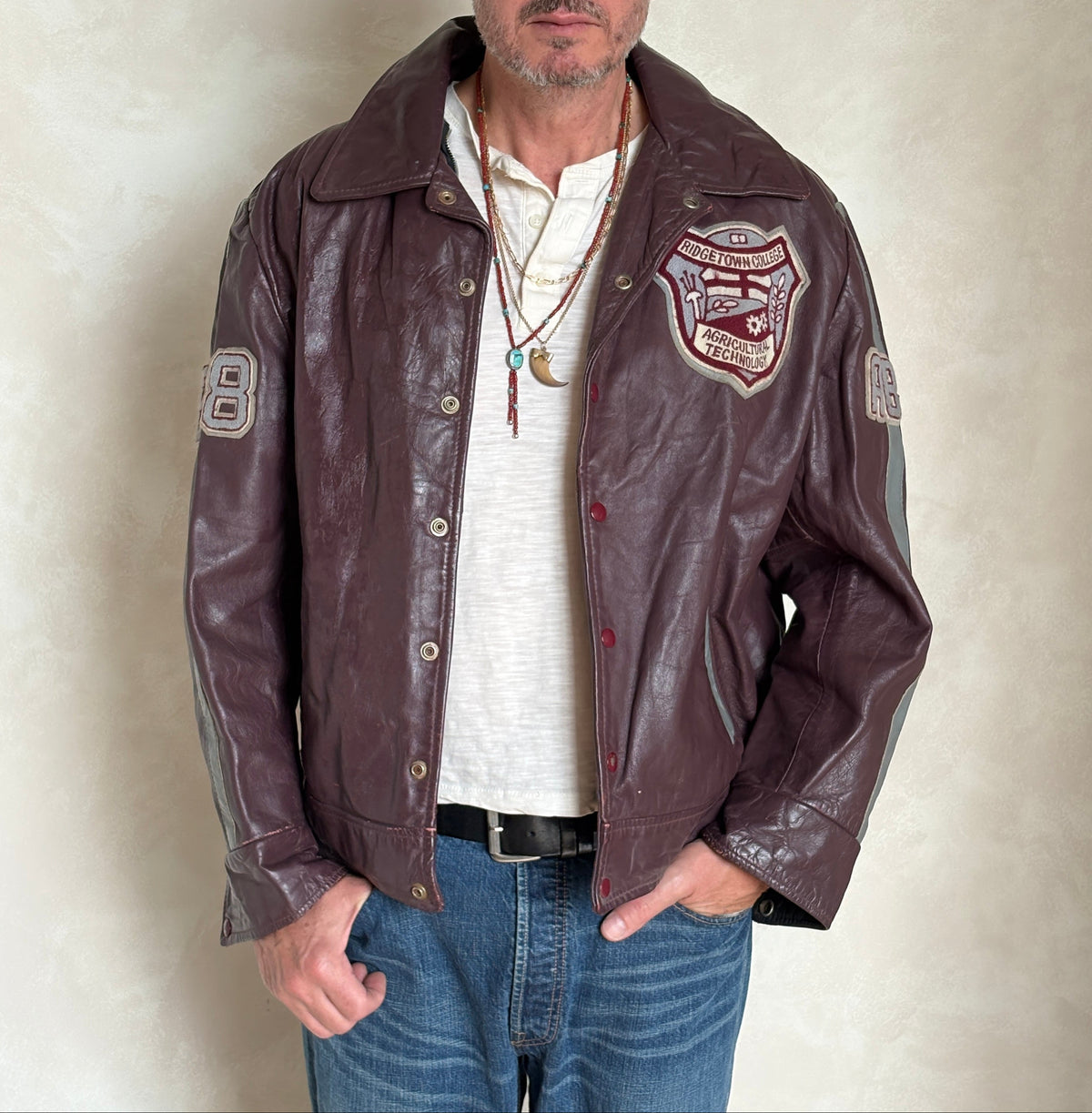 Size XL. Vintage 90s Varsity Leather Jacket – Canadian Made – College Style – Soft Leather –-AJ357 Studio