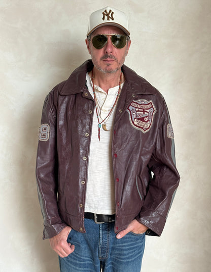Size XL. Vintage 90s Varsity Leather Jacket – Canadian Made – College Style – Soft Leather –-AJ357 Studio