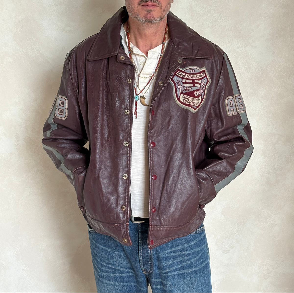 Size XL. Vintage 90s Varsity Leather Jacket – Canadian Made – College Style – Soft Leather –-AJ357 Studio