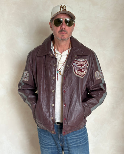 Size XL. Vintage 90s Varsity Leather Jacket – Canadian Made – College Style – Soft Leather –-AJ357 Studio