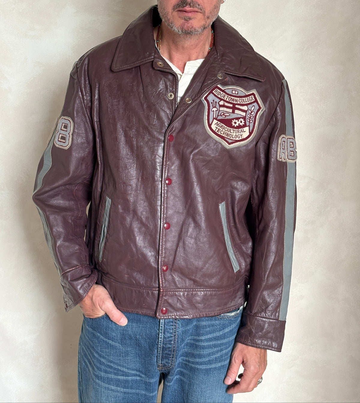Size XL. Vintage 90s Varsity Leather Jacket – Canadian Made – College Style – Soft Leather –-AJ357 Studio
