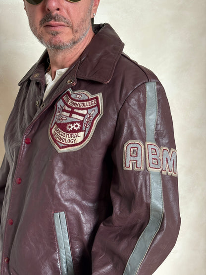 Size XL. Vintage 90s Varsity Leather Jacket – Canadian Made – College Style – Soft Leather –-AJ357 Studio