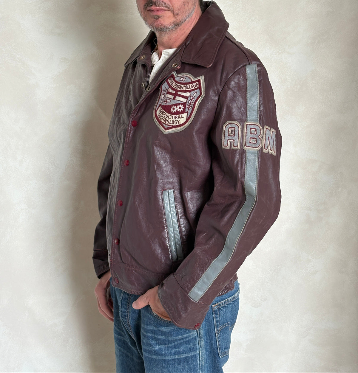 Size XL. Vintage 90s Varsity Leather Jacket – Canadian Made – College Style – Soft Leather –-AJ357 Studio