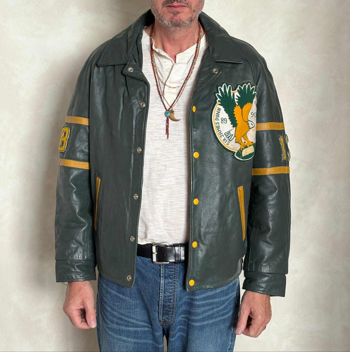 Size 42US / 52EU Vintage 89/90 Sir James Dunn Eagles Leather Varsity Jacket — Canadian High School Football — Made in Canada-AJ357 Studio