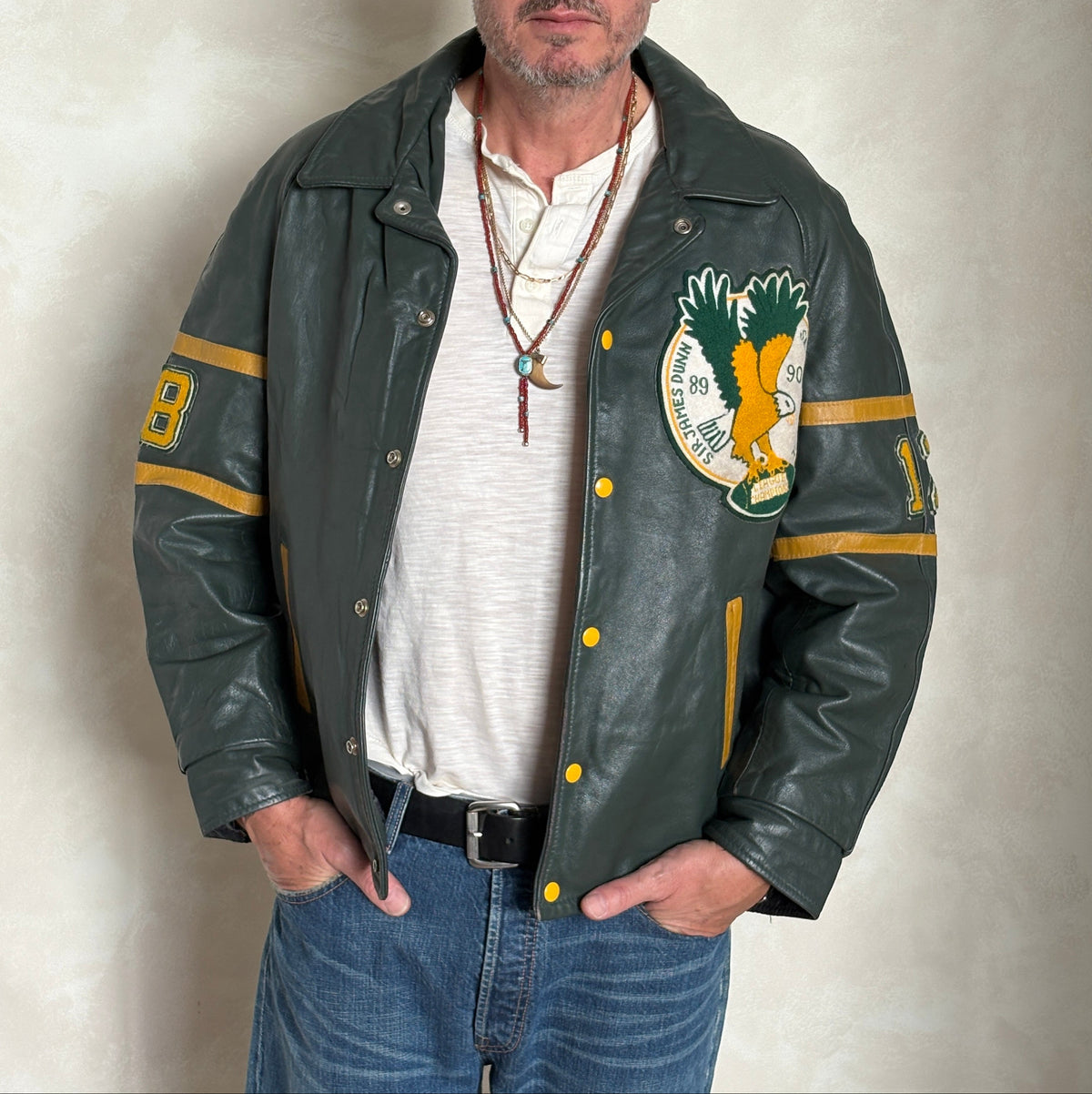 Size 42US / 52EU Vintage 89/90 Sir James Dunn Eagles Leather Varsity Jacket — Canadian High School Football — Made in Canada-AJ357 Studio