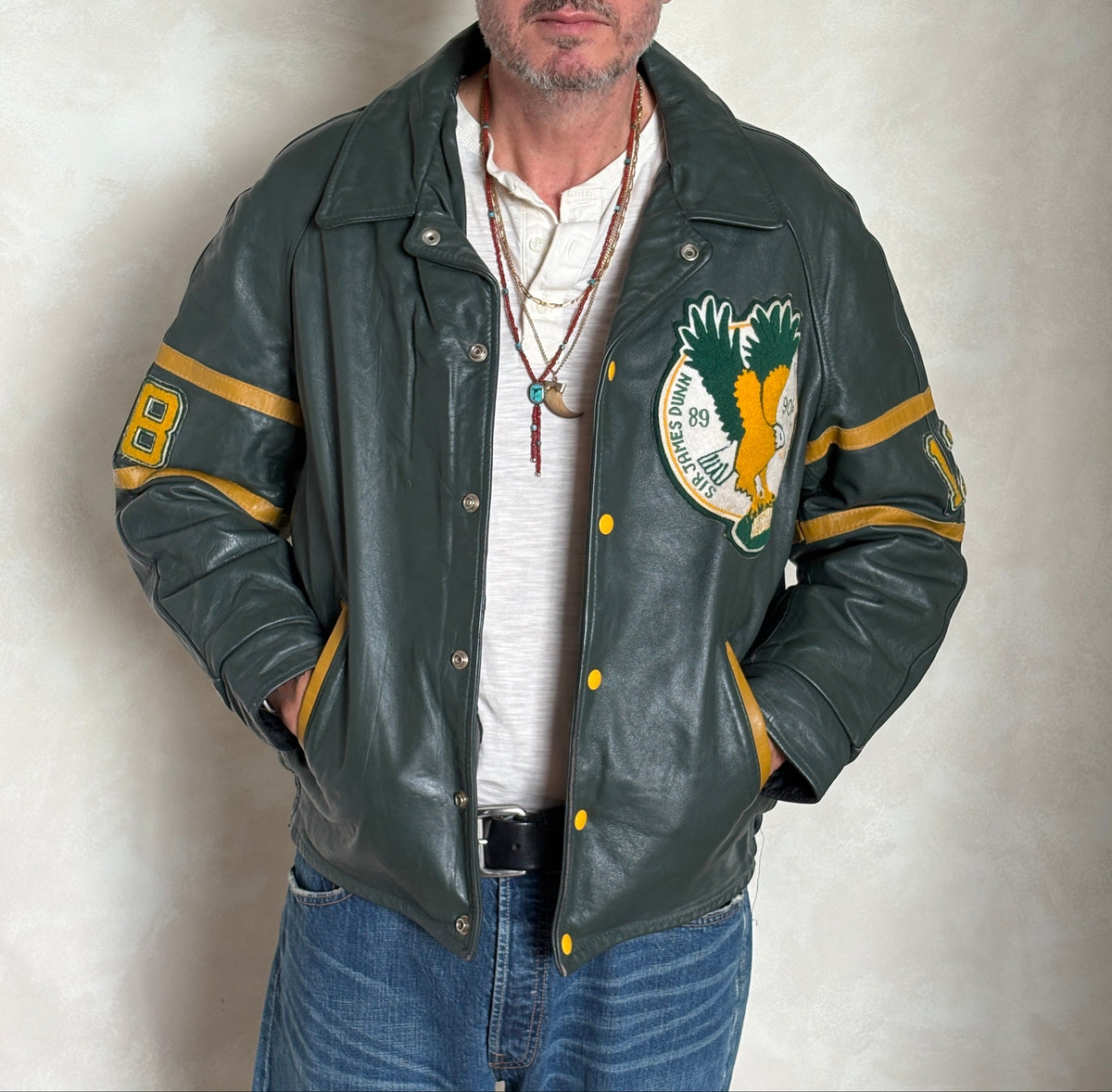 Size 42US / 52EU Vintage 89/90 Sir James Dunn Eagles Leather Varsity Jacket — Canadian High School Football — Made in Canada-AJ357 Studio