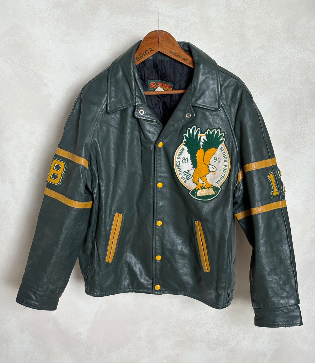Size 42US / 52EU Vintage 89/90 Sir James Dunn Eagles Leather Varsity Jacket — Canadian High School Football — Made in Canada-AJ357 Studio