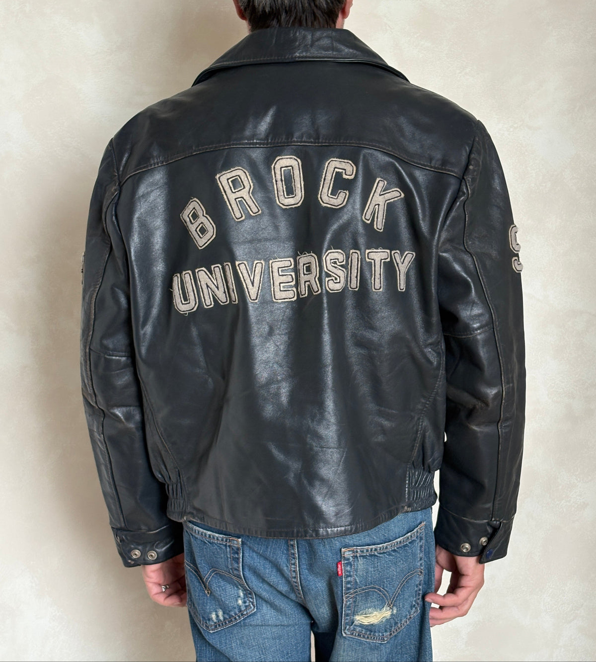 Size 48 US / 58 EU · Vintage 90s Leather College Jacket — Brock University Bomber Canadian Varsity-AJ357 Studio