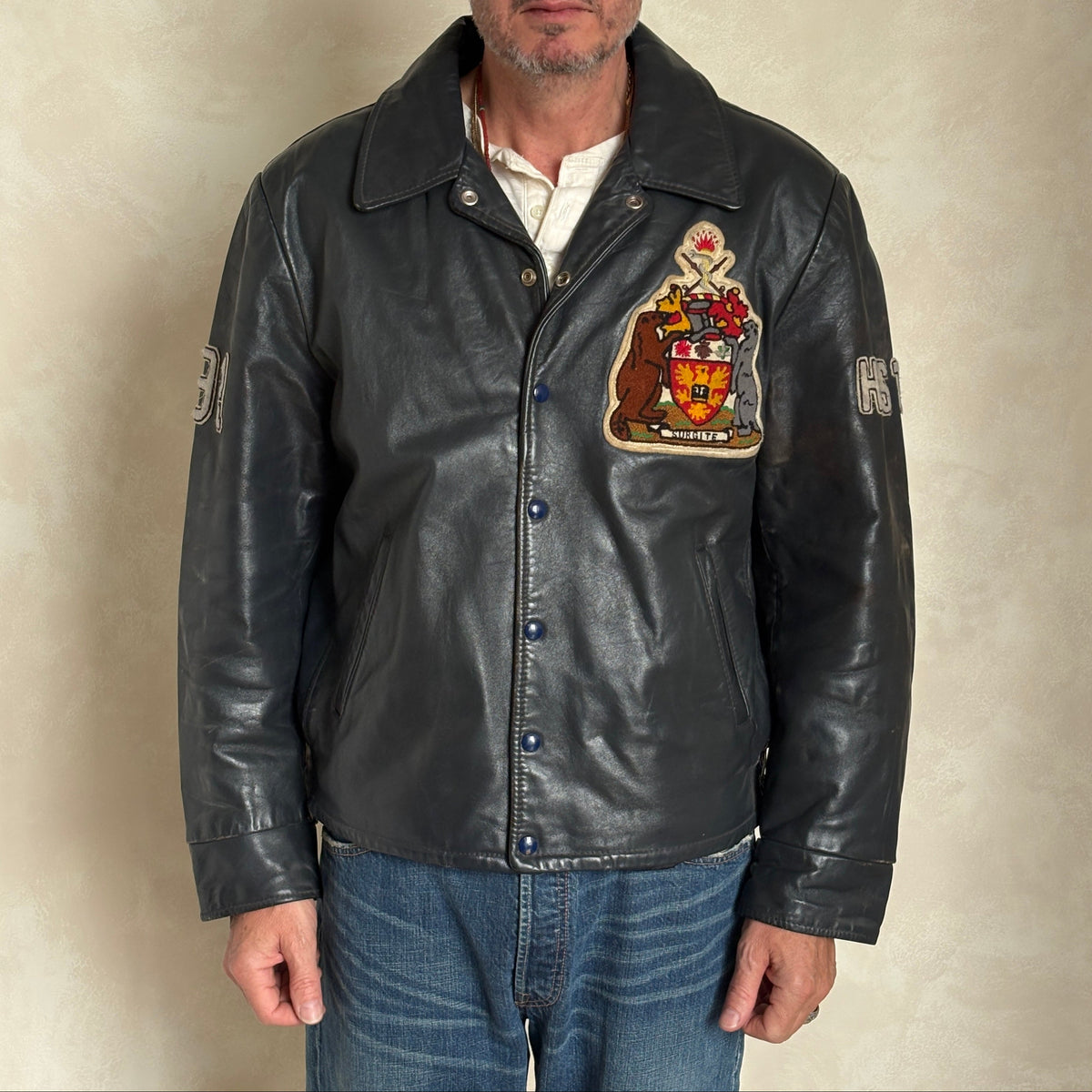 Size 48 US / 58 EU · Vintage 90s Leather College Jacket — Brock University Bomber Canadian Varsity-AJ357 Studio