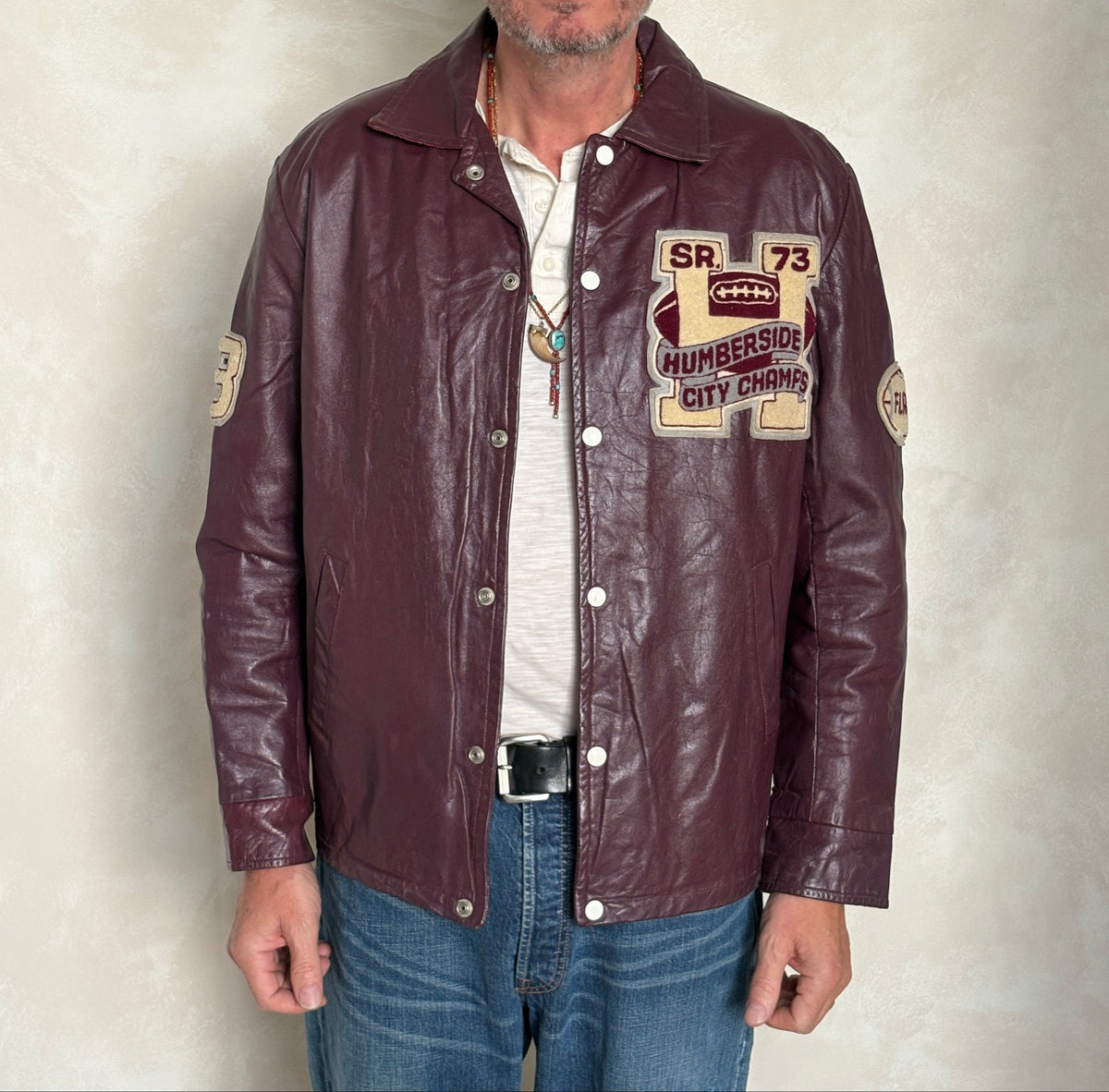 Size 42US / 52EU Vintage 1973 Humberside Collegiate Varsity Leather Jacket — Canadian High School Football — City Champs — Made in Canada-AJ357 Studio
