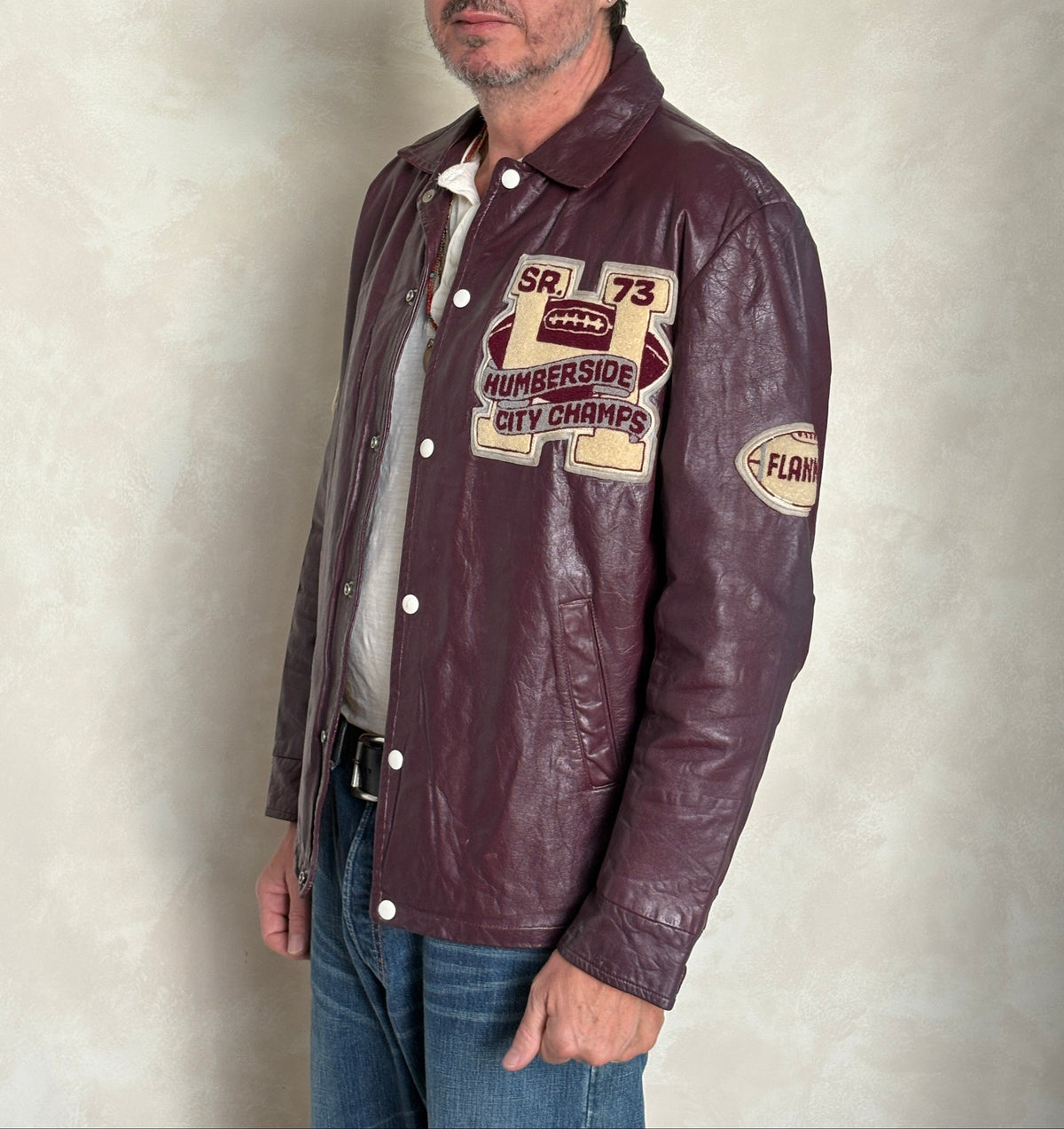 Size 42US / 52EU Vintage 1973 Humberside Collegiate Varsity Leather Jacket — Canadian High School Football — City Champs — Made in Canada-AJ357 Studio