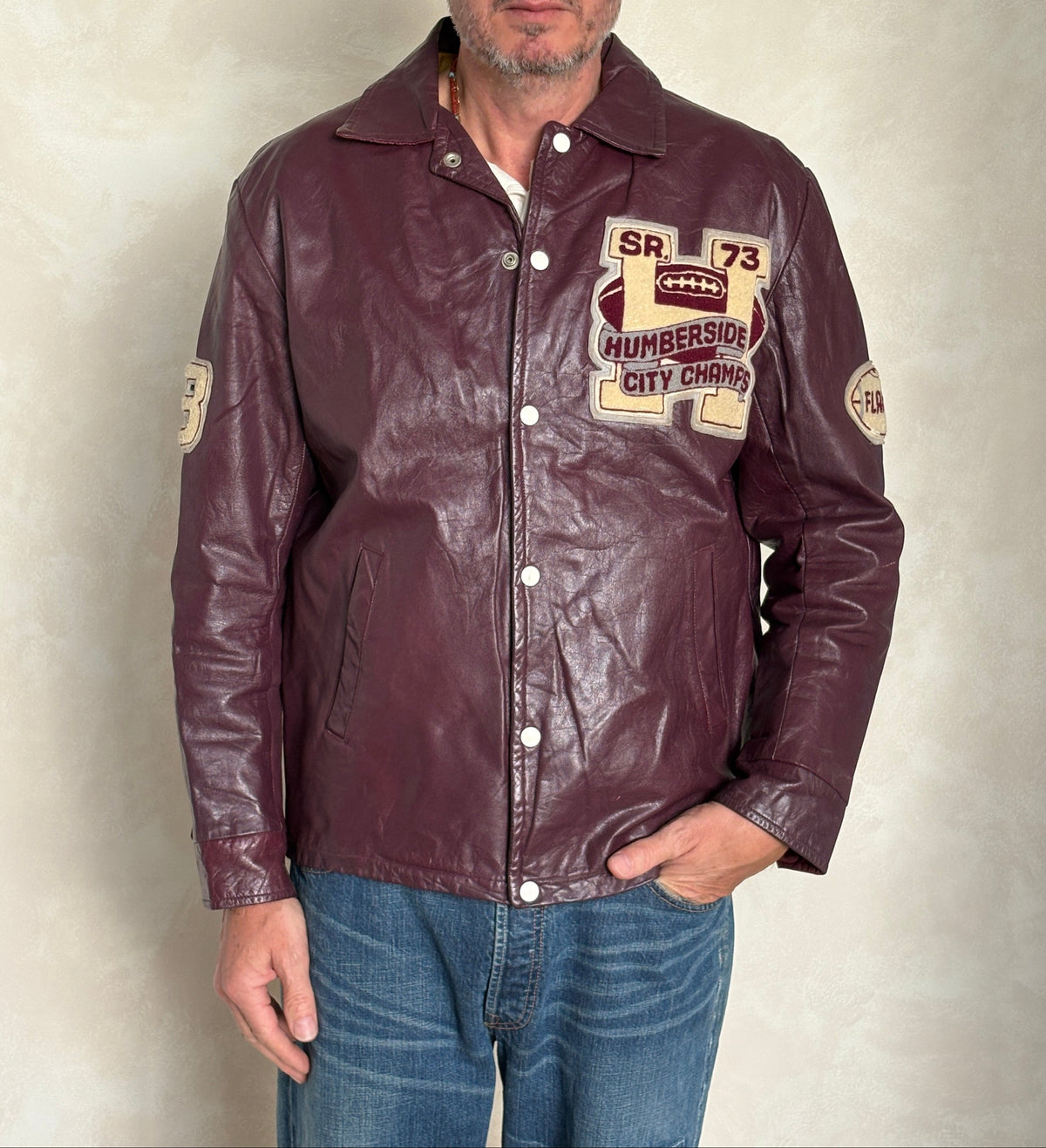 Size 42US / 52EU Vintage 1973 Humberside Collegiate Varsity Leather Jacket — Canadian High School Football — City Champs — Made in Canada-AJ357 Studio
