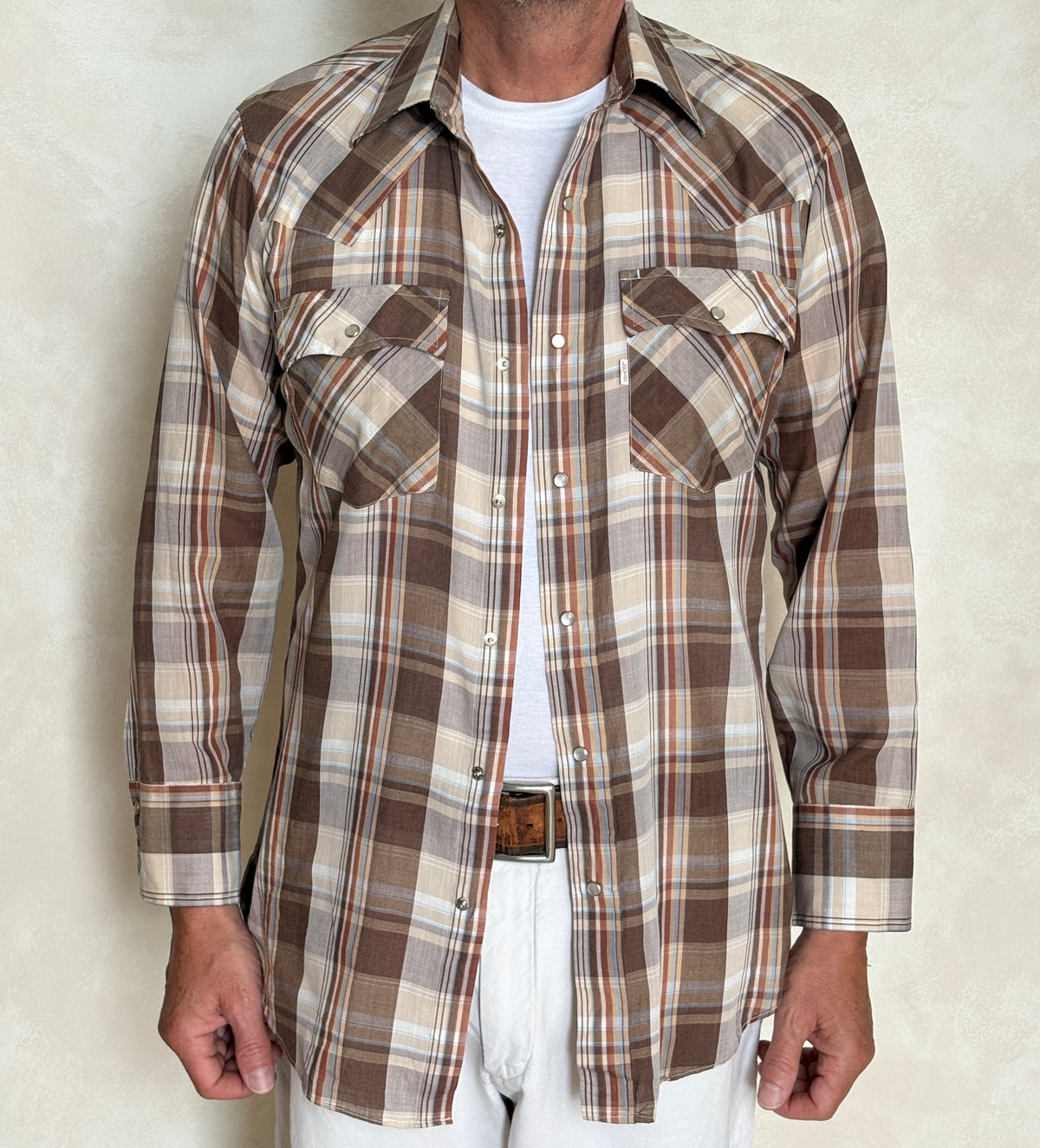 Vintage 1970s Levi’s Western Plaid Shirt — Pearl Snap — Size Medium