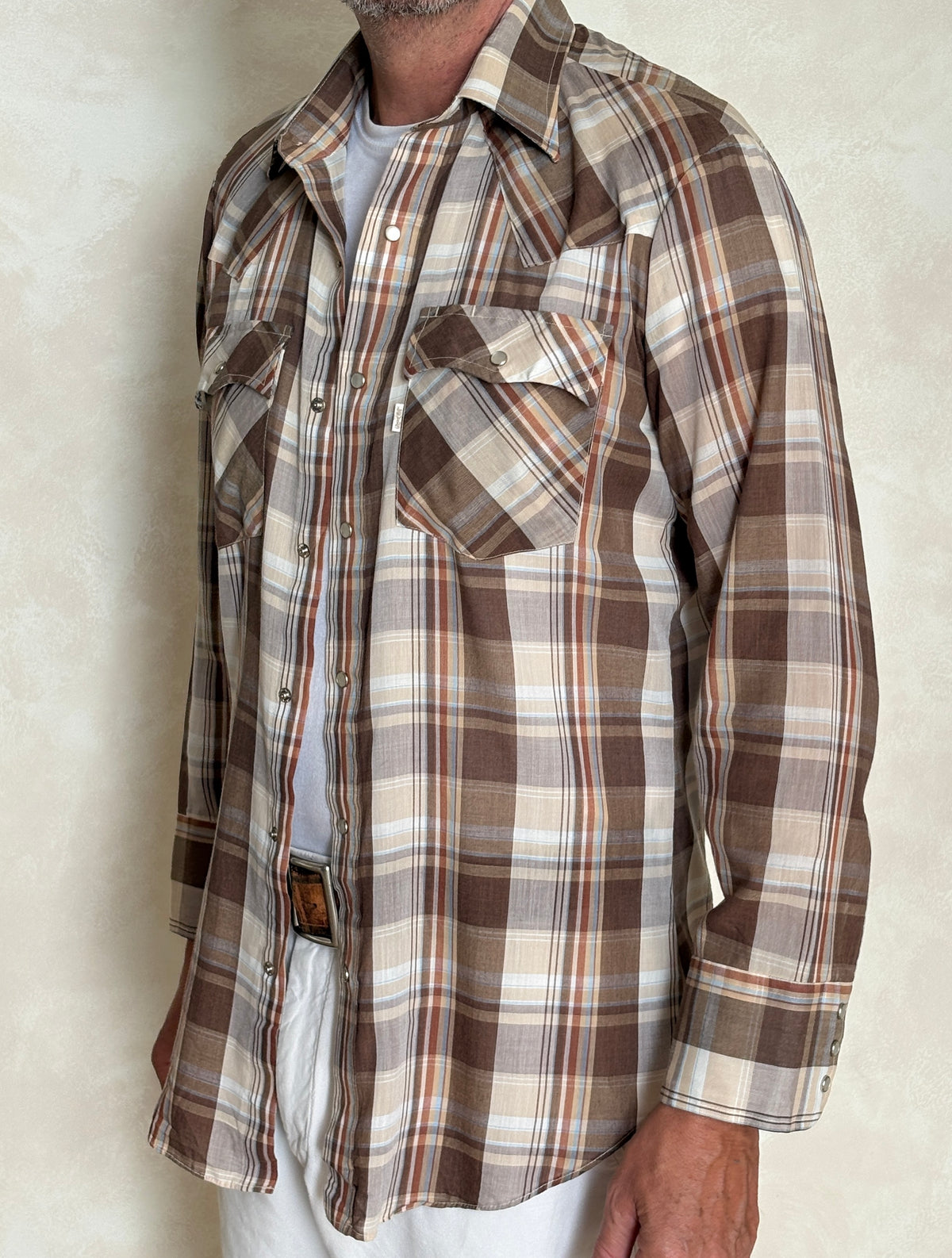 Vintage 1970s Levi’s Western Plaid Shirt — Pearl Snap — Size Medium