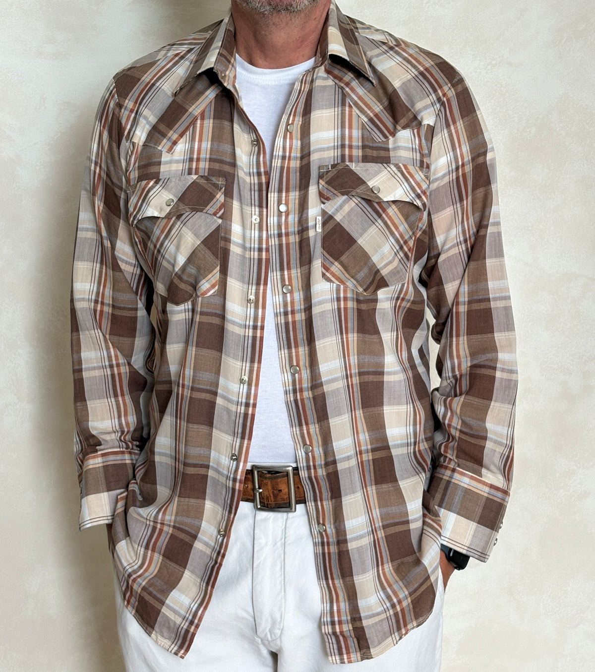 Vintage 1970s Levi’s Western Plaid Shirt — Pearl Snap — Size Medium