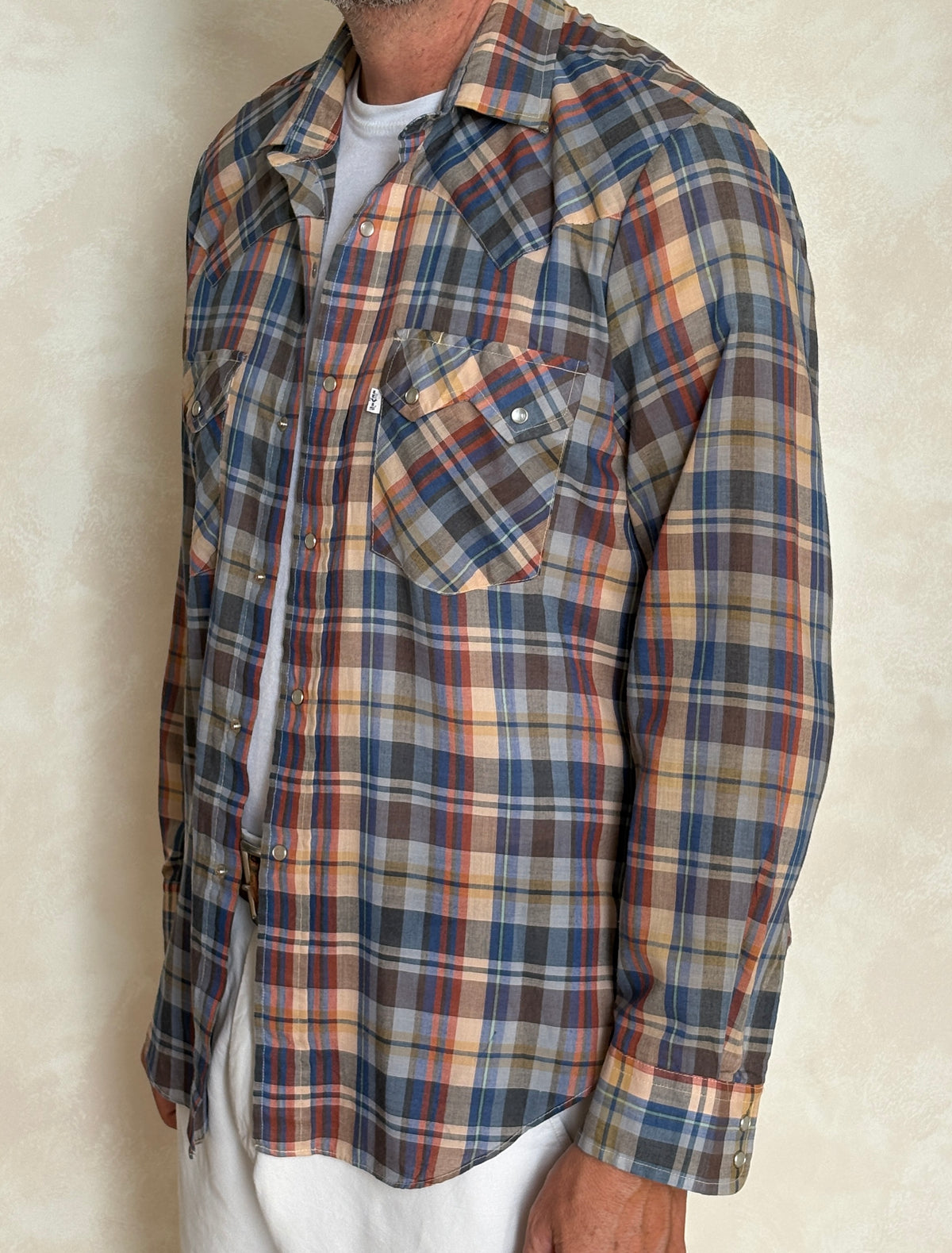 Vintage 1970s Levi’s Big E Western Plaid Shirt — Pearl Snap — Size Large