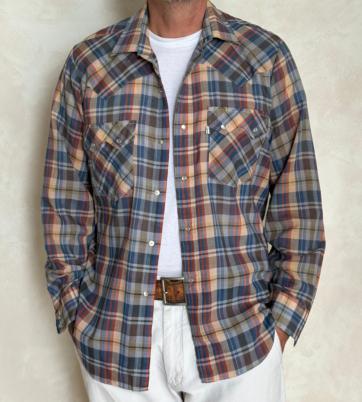 Vintage 1970s Levi’s Big E Western Plaid Shirt — Pearl Snap — Size Large