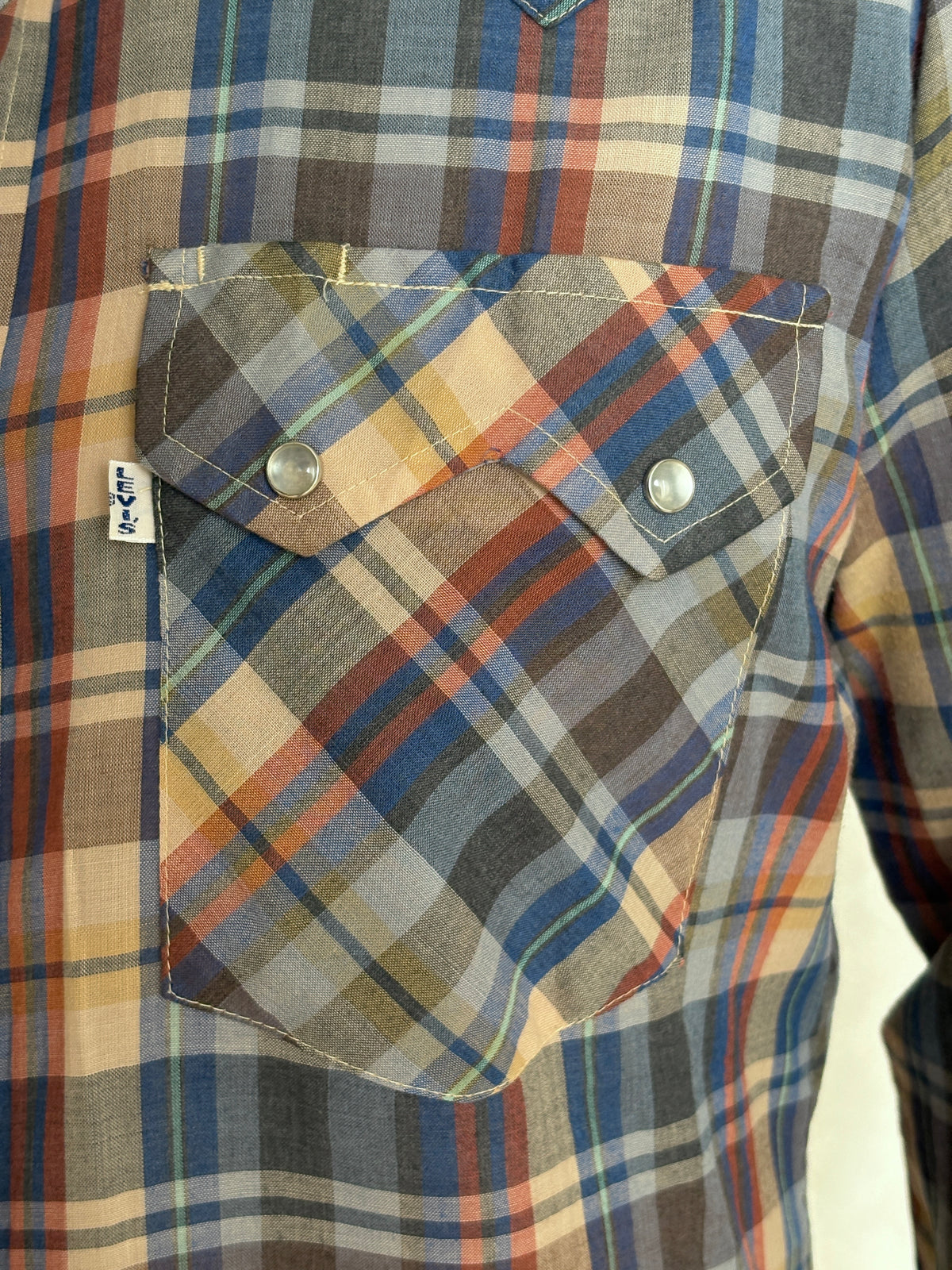 Vintage 1970s Levi’s Big E Western Plaid Shirt — Pearl Snap — Size Large
