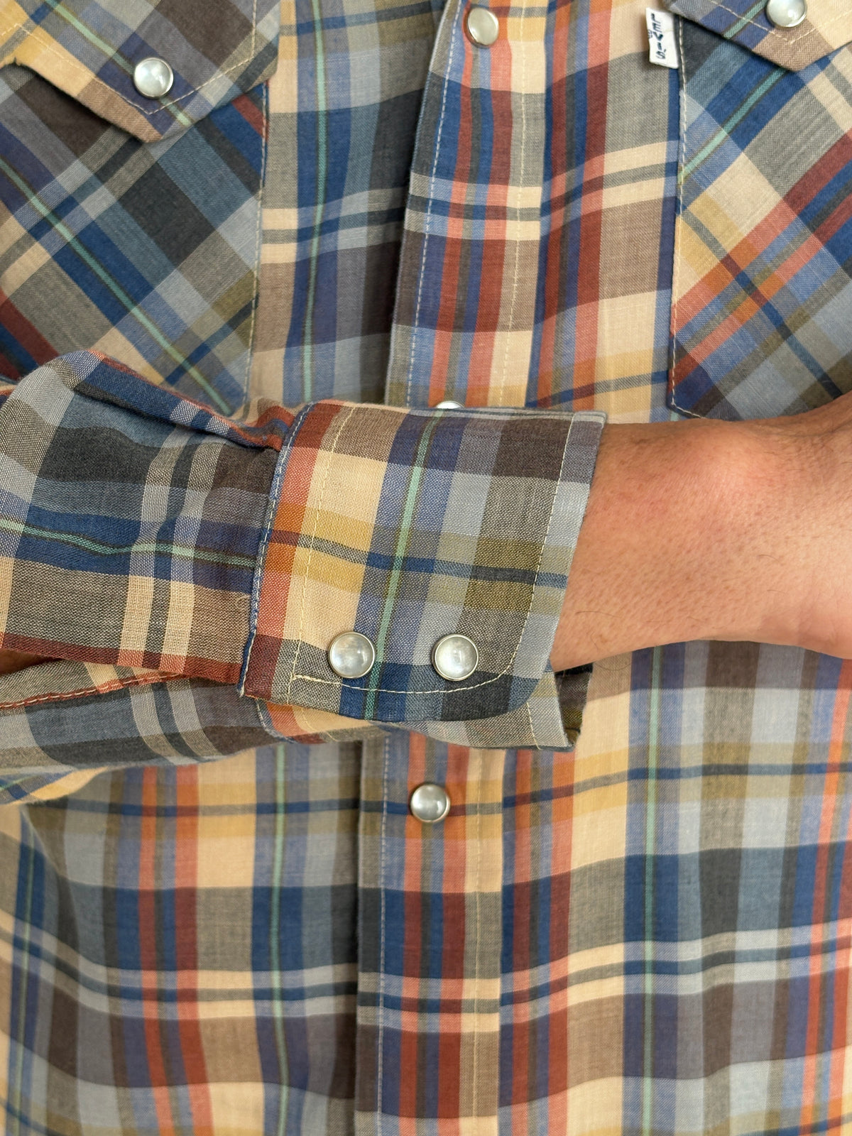 Vintage 1970s Levi’s Big E Western Plaid Shirt — Pearl Snap — Size Large