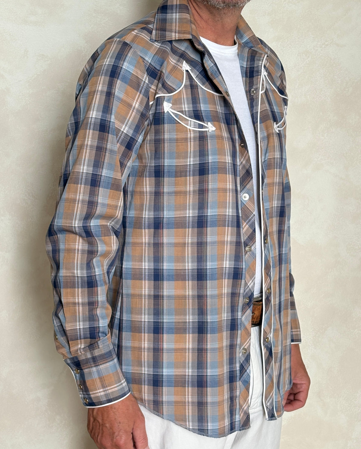 Vintage 70s TemTex Western Plaid Shirt — Pearl Snap — Size Medium Long