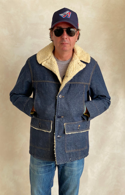 Medium Size Vintage Montgomery Ward Denim Fleece Barn Coat Chore Jacket, Made in USA - Classic Workwear Collectible-AJ357 Studio