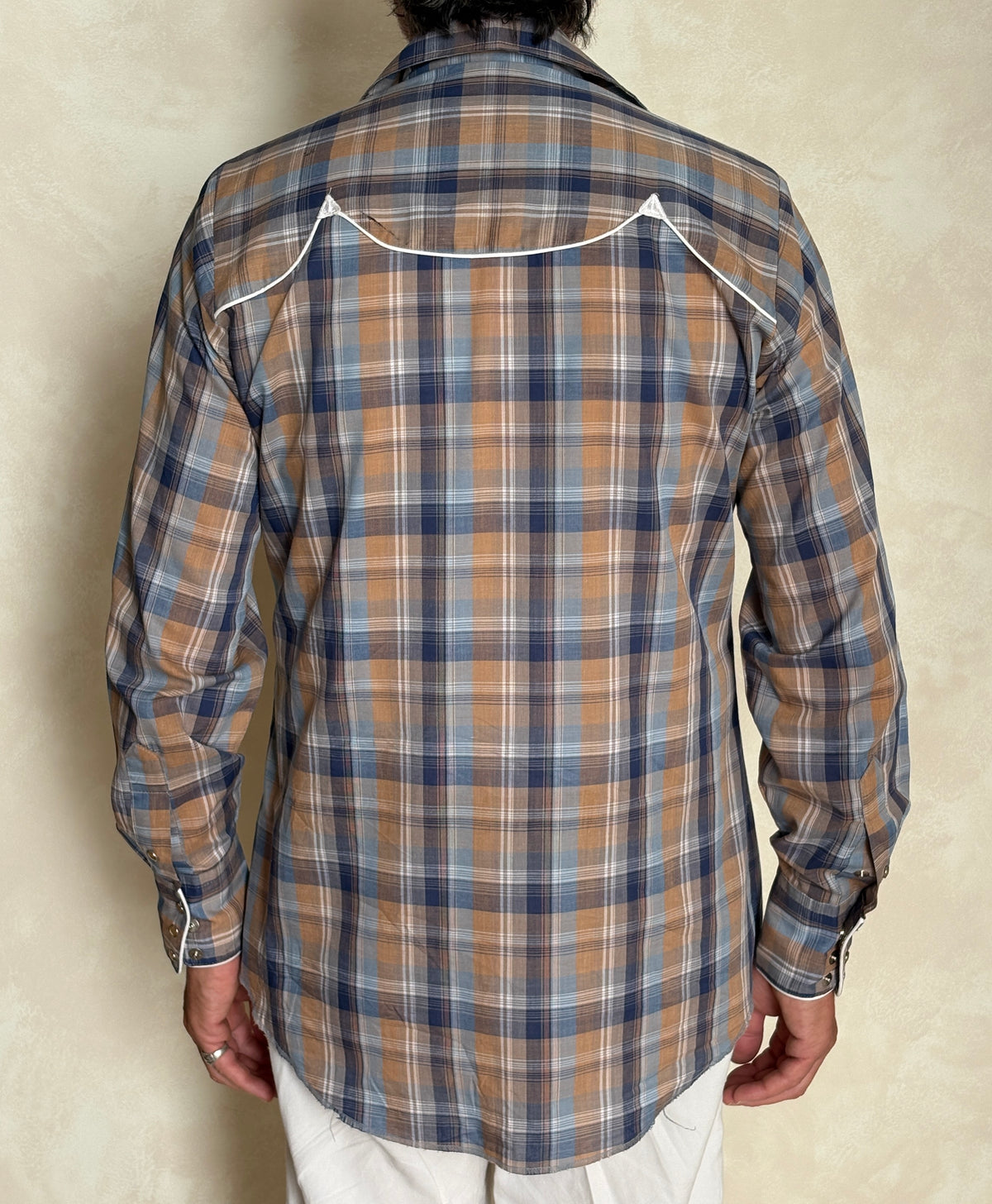 Vintage 70s TemTex Western Plaid Shirt — Pearl Snap — Size Medium Long