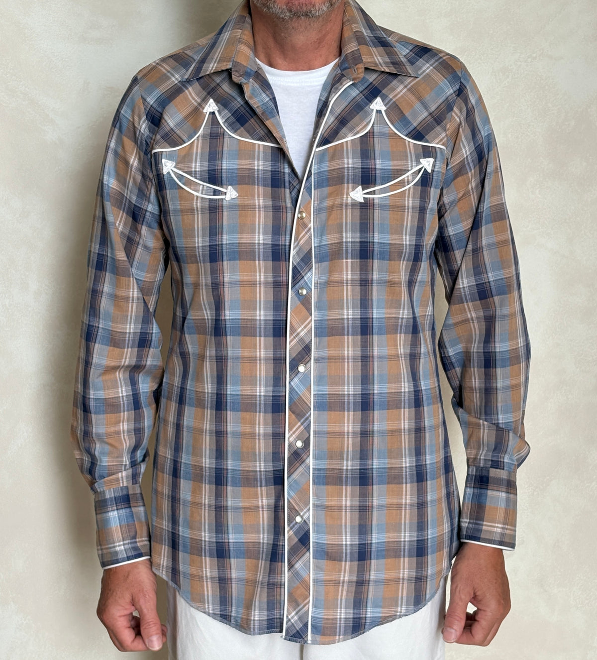Vintage 70s TemTex Western Plaid Shirt — Pearl Snap — Size Medium Long