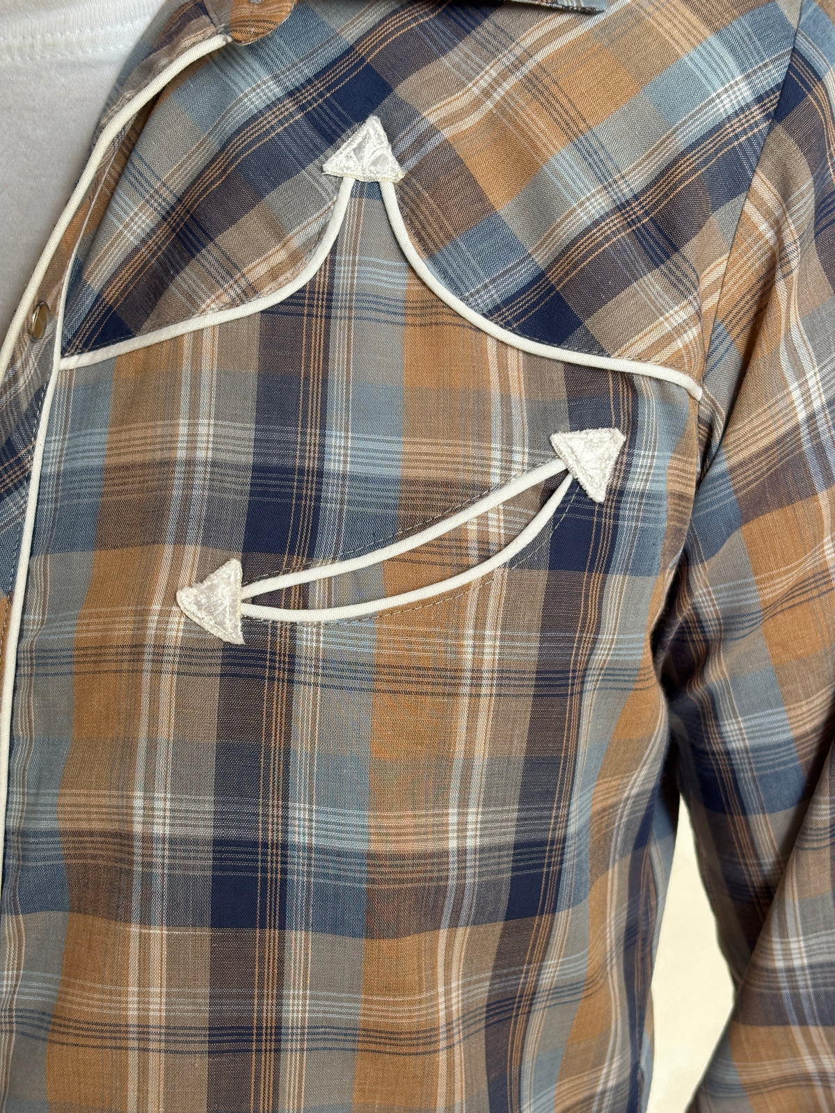 Vintage 70s TemTex Western Plaid Shirt — Pearl Snap — Size Medium Long