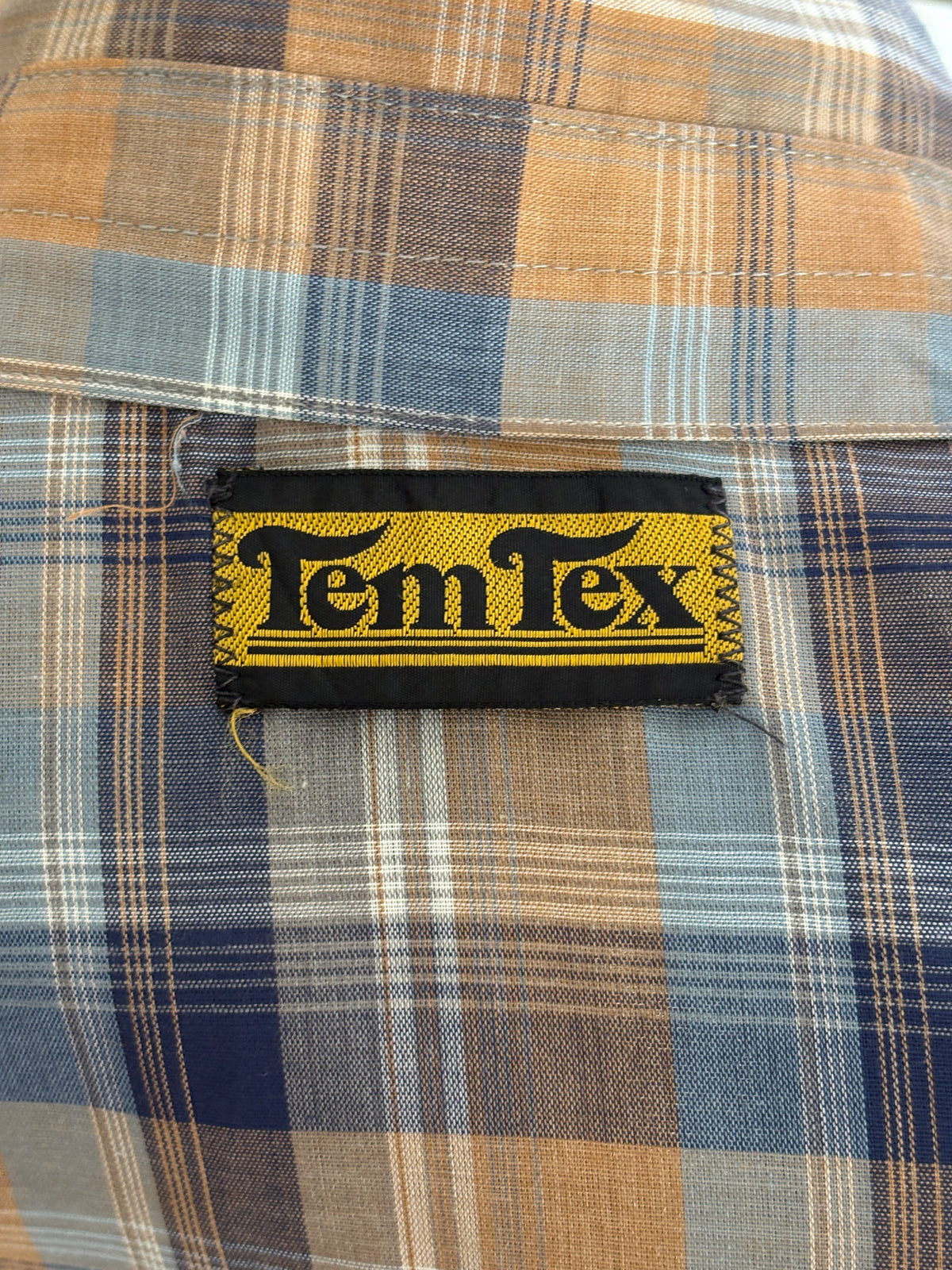 Vintage 70s TemTex Western Plaid Shirt — Pearl Snap — Size Medium Long