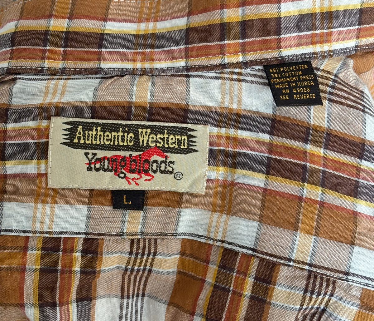 Vintage 80s Youngbloods Authentic Western Plaid Shirt — Pearl Snap — Size Large