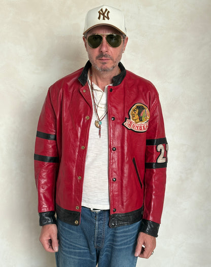 Size 42US / 52EU Vintage 1970s Sunbeam Varsity Leather Jacket — Red & Black Canadian Sports Bomber —-AJ357 Studio