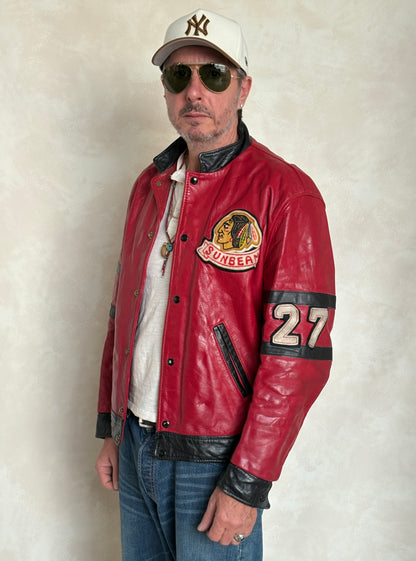 Size 42US / 52EU Vintage 1970s Sunbeam Varsity Leather Jacket — Red & Black Canadian Sports Bomber —-AJ357 Studio