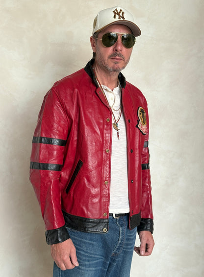 Size 42US / 52EU Vintage 1970s Sunbeam Varsity Leather Jacket — Red & Black Canadian Sports Bomber —-AJ357 Studio