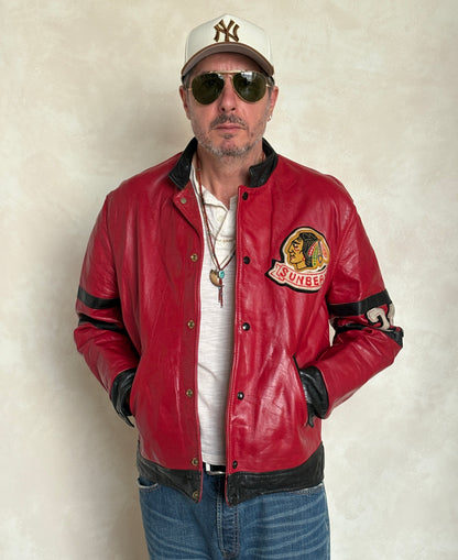 Size 42US / 52EU Vintage 1970s Sunbeam Varsity Leather Jacket — Red & Black Canadian Sports Bomber —-AJ357 Studio