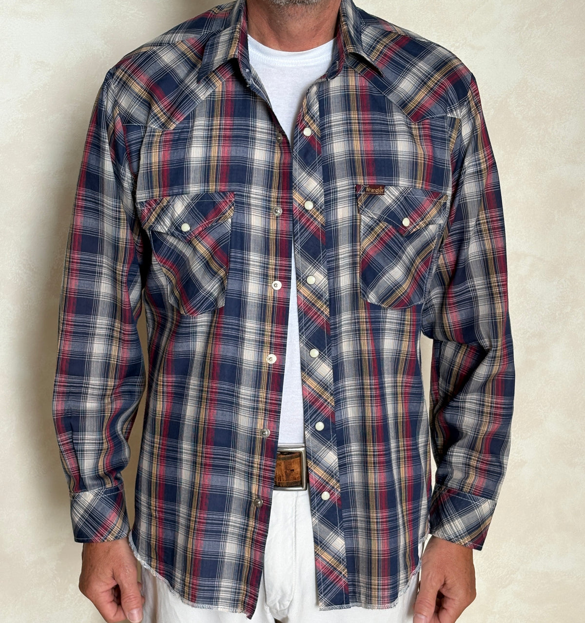 Vintage Wrangler Western Plaid Shirt — Pearl Snap — Size Large made in USA