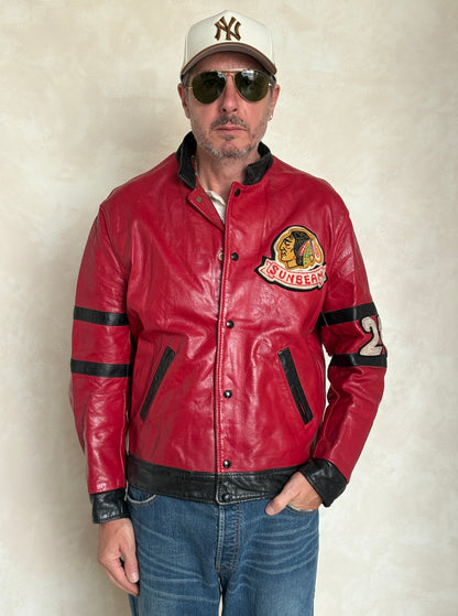 Size 42US / 52EU Vintage 1970s Sunbeam Varsity Leather Jacket — Red & Black Canadian Sports Bomber —-AJ357 Studio