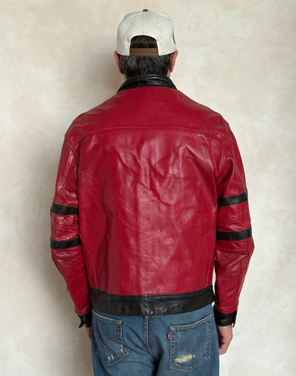 Size 42US / 52EU Vintage 1970s Sunbeam Varsity Leather Jacket — Red & Black Canadian Sports Bomber —-AJ357 Studio
