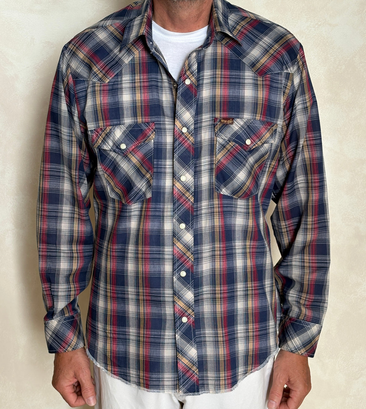 Vintage Wrangler Western Plaid Shirt — Pearl Snap — Size Large made in USA