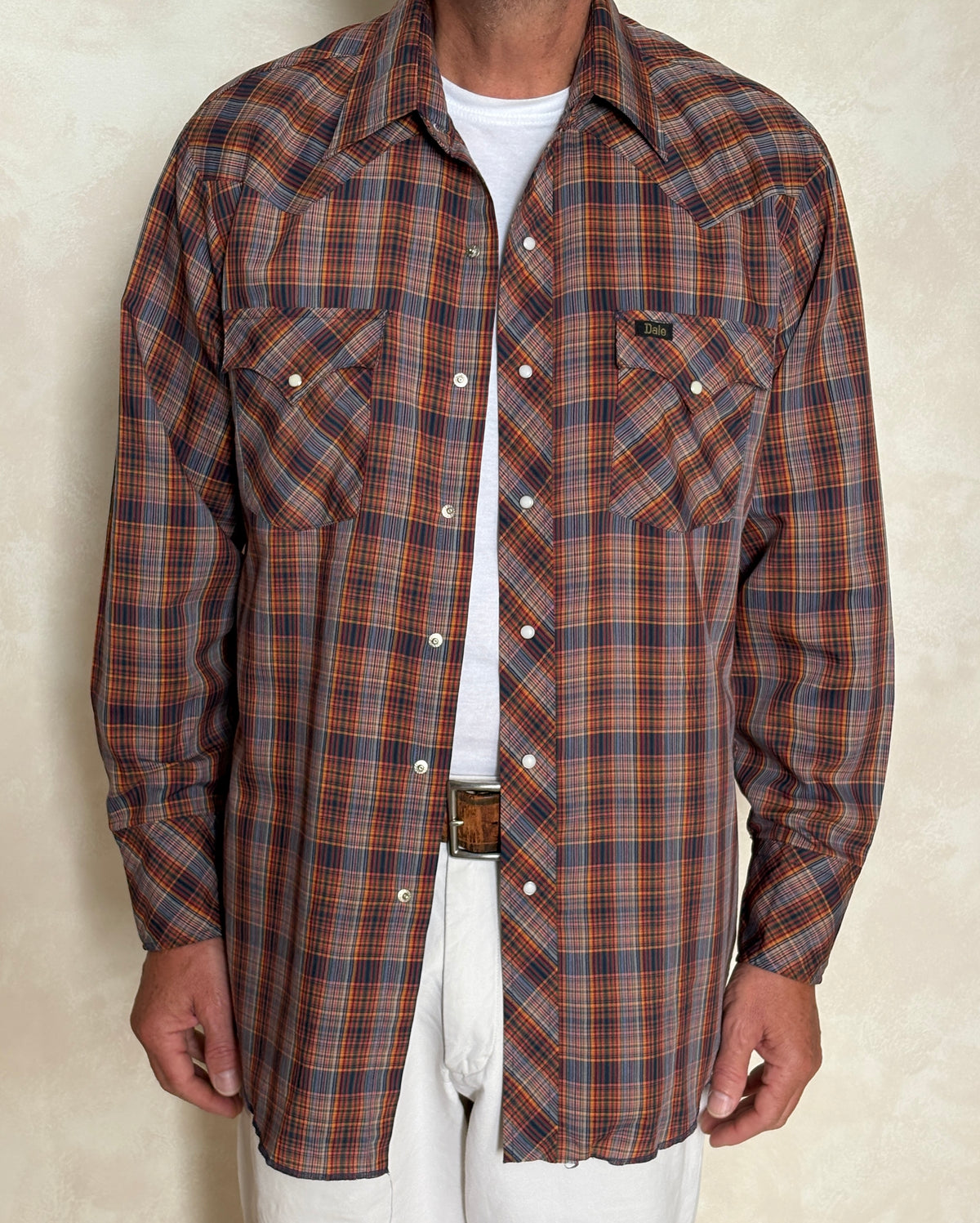 Vintage Dale Western Plaid Shirt — Pearl Snap — Size Large MADE IN USA